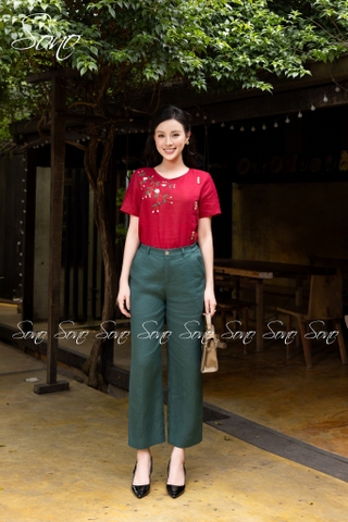 SONO - Áo linen đính nút gỗ thêu hoa