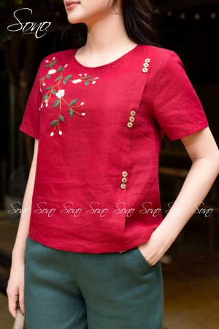 SONO - Áo linen đính nút gỗ thêu hoa