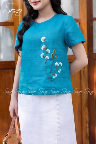 SONO - Áo linen thêu hoa phối cành hồng