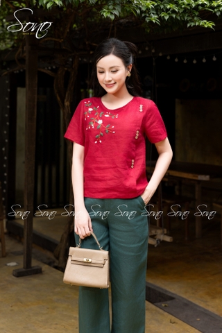 SONO - Áo linen đính nút gỗ thêu hoa