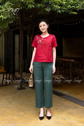 SONO - Áo linen đính nút gỗ thêu hoa