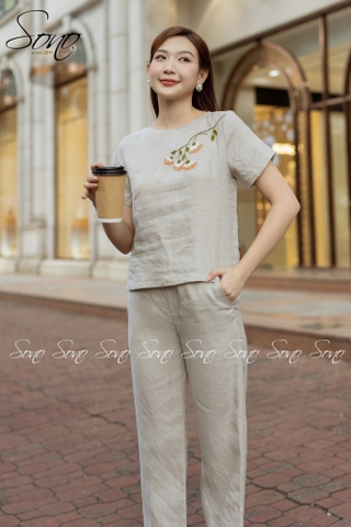 SONO - Bộ dài linen thêu cành hoa ngực