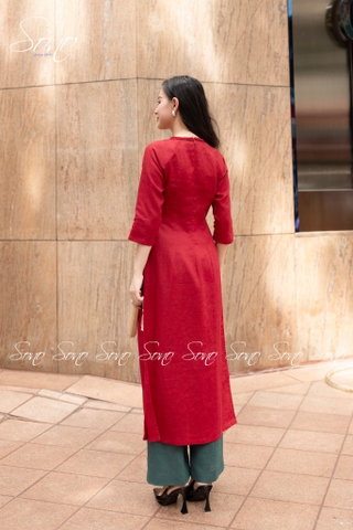 SONO - Áo dài linen cổ đan tay thêu cành lá