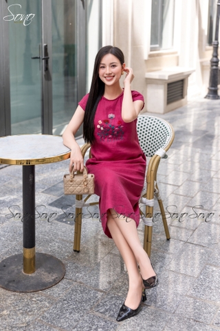 SONO - Đầm linen cổ đan thêu ngực