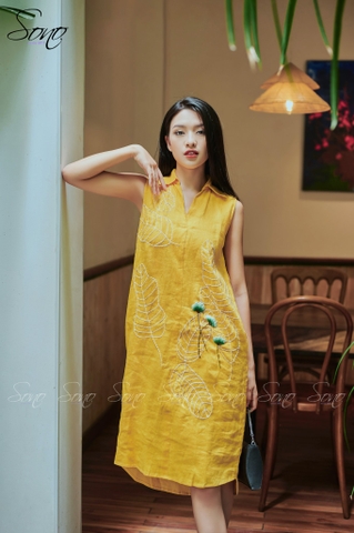 SONO - Đầm linen sơ mi thêu lá to