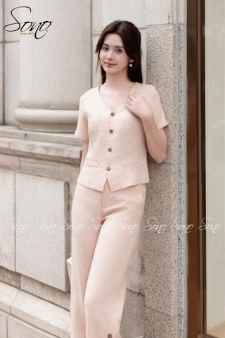 SONO - Bộ dài linen dáng ghi lê có tay
