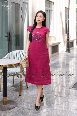 SONO - Đầm linen cổ đan thêu ngực