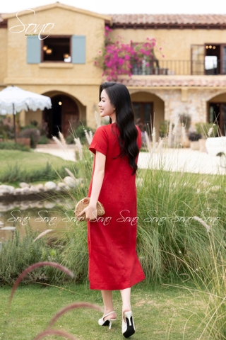 SONO - Đầm linen có tay thêu hoa hướng dương