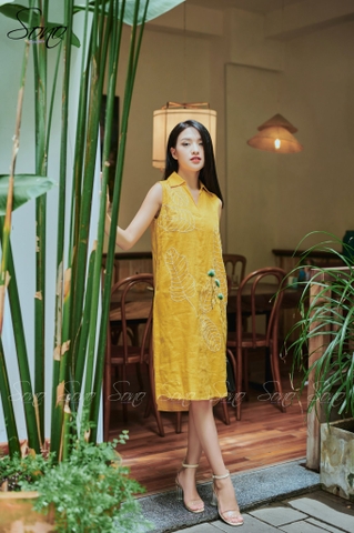SONO - Đầm linen sơ mi thêu lá to