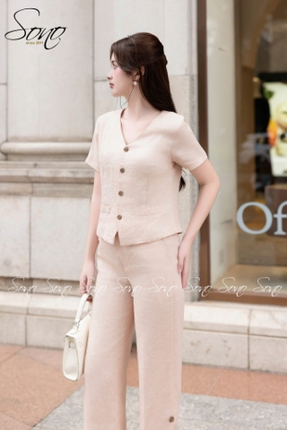 SONO - Bộ dài linen dáng ghi lê có tay