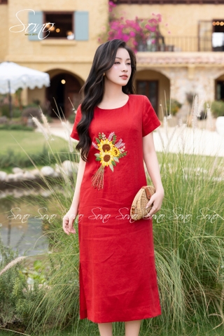 SONO - Đầm linen có tay thêu hoa hướng dương