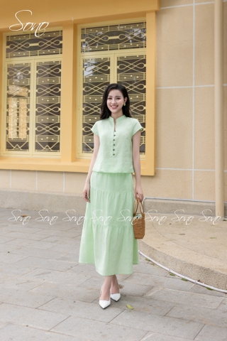 SONO - Áo linen cổ tàu đính nút gỗ