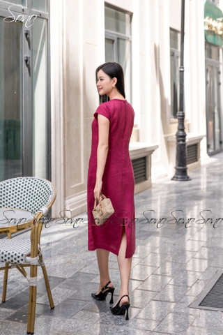 SONO - Đầm linen cổ đan thêu ngực