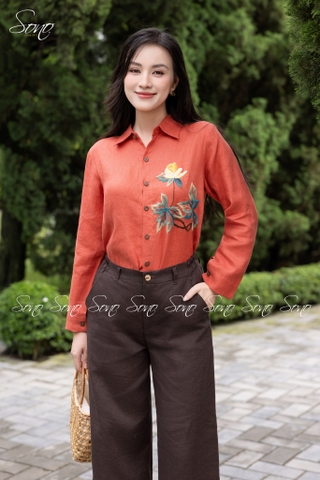 SONO - Áo sơ mi linen thêu nụ hoa