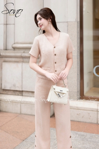 SONO - Bộ dài linen dáng ghi lê có tay