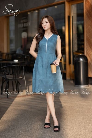 SONO - Đầm linen cổ tim viền ren