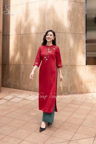 SONO - Áo dài linen cổ đan tay thêu cành lá