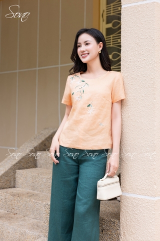 SONO - Áo linen tay ngắn thêu hoa mắc cỡ