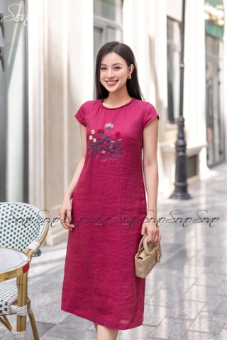 SONO - Đầm linen cổ đan thêu ngực