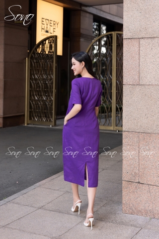 SONO - Đầm linen nút bọc tay thêu hoa mẫu đơn