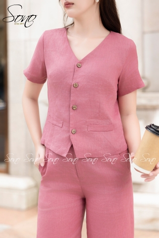 SONO - Bộ dài linen dáng ghi lê có tay
