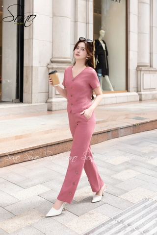 SONO - Bộ dài linen dáng ghi lê có tay
