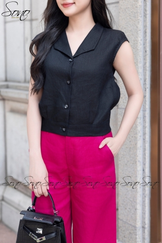 SONO - Áo linen cổ bẻ nút nhựa