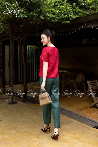 SONO - Áo linen đính nút gỗ thêu hoa