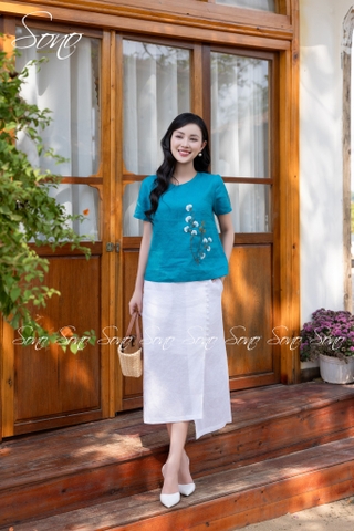 SONO - Áo linen thêu hoa phối cành hồng