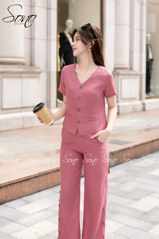 SONO - Bộ dài linen dáng ghi lê có tay