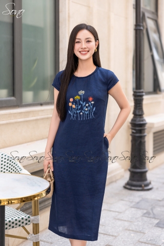 SONO - Đầm linen cổ đan thêu ngực