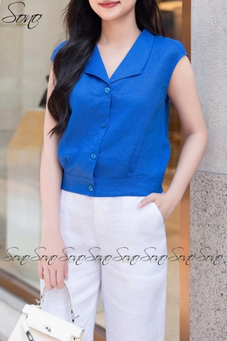 SONO - Áo linen cổ bẻ nút nhựa