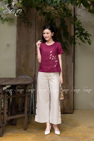 SONO - Áo linen thêu hoa phối cành hồng