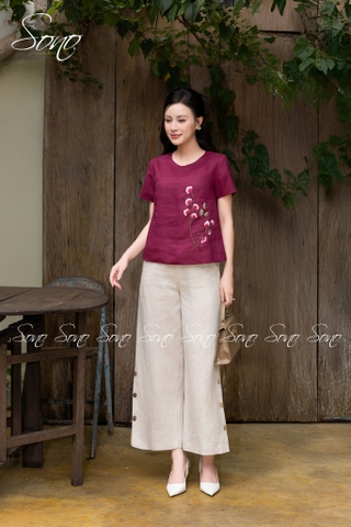 SONO - Áo linen thêu hoa phối cành hồng