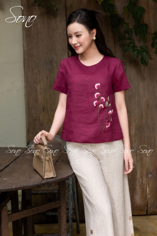 SONO - Áo linen thêu hoa phối cành hồng