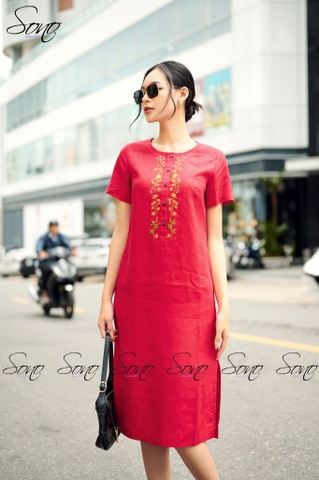 SONO - Đầm linen cổ tròn thêu hoa