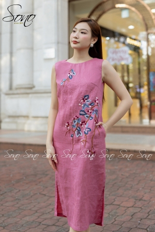 SONO - Đầm linen sát nách thêu hoa chấm màu