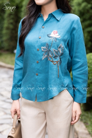 SONO - Áo sơ mi linen thêu nụ hoa