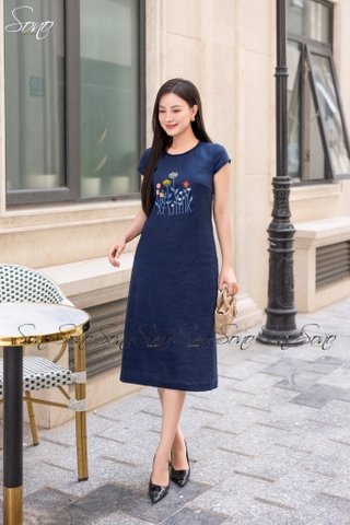 SONO - Đầm linen cổ đan thêu ngực