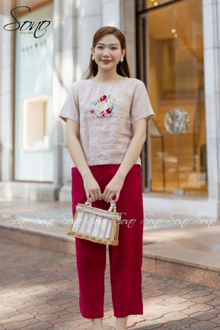 SONO - Quần linen đai đính nút gỗ