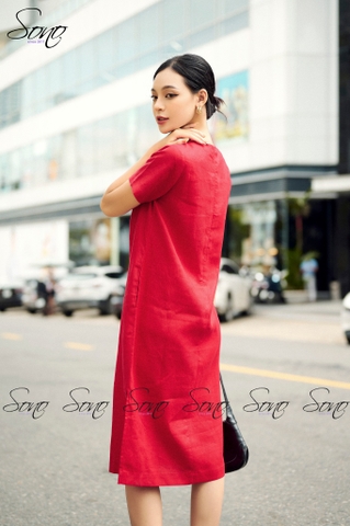 SONO - Đầm linen cổ tròn thêu hoa