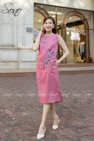 SONO - Đầm linen sát nách thêu hoa chấm màu
