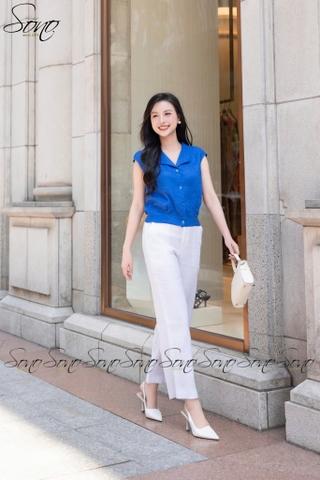 SONO - Áo linen cổ bẻ nút nhựa