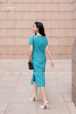 SONO - Đầm linen có tay thêu bó hoa tú cầu
