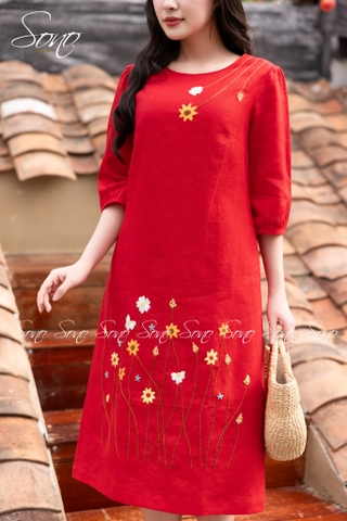 SONO - Đầm linen tay lỡ thêu hoa cỏ