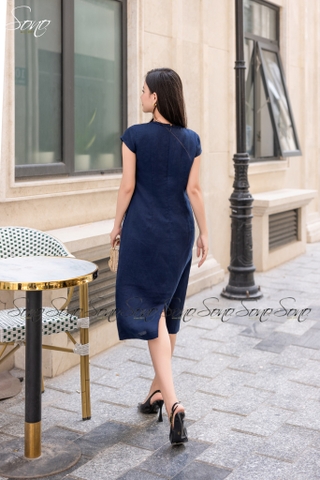 SONO - Đầm linen cổ đan thêu ngực