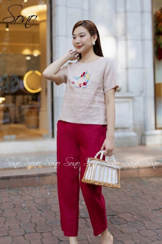 SONO - Quần linen đai đính nút gỗ