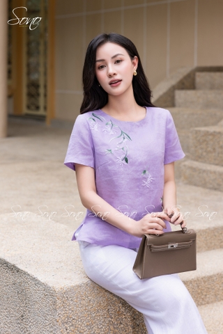 SONO - Áo linen tay ngắn thêu hoa mắc cỡ