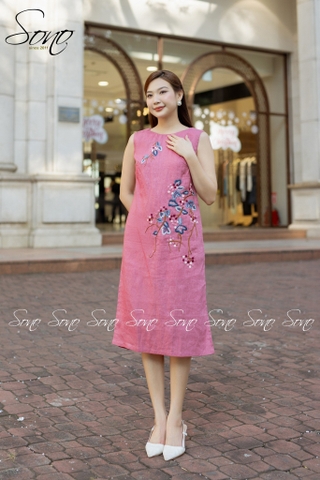 SONO - Đầm linen sát nách thêu hoa chấm màu