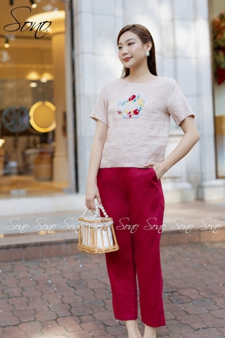 SONO - Quần linen đai đính nút gỗ